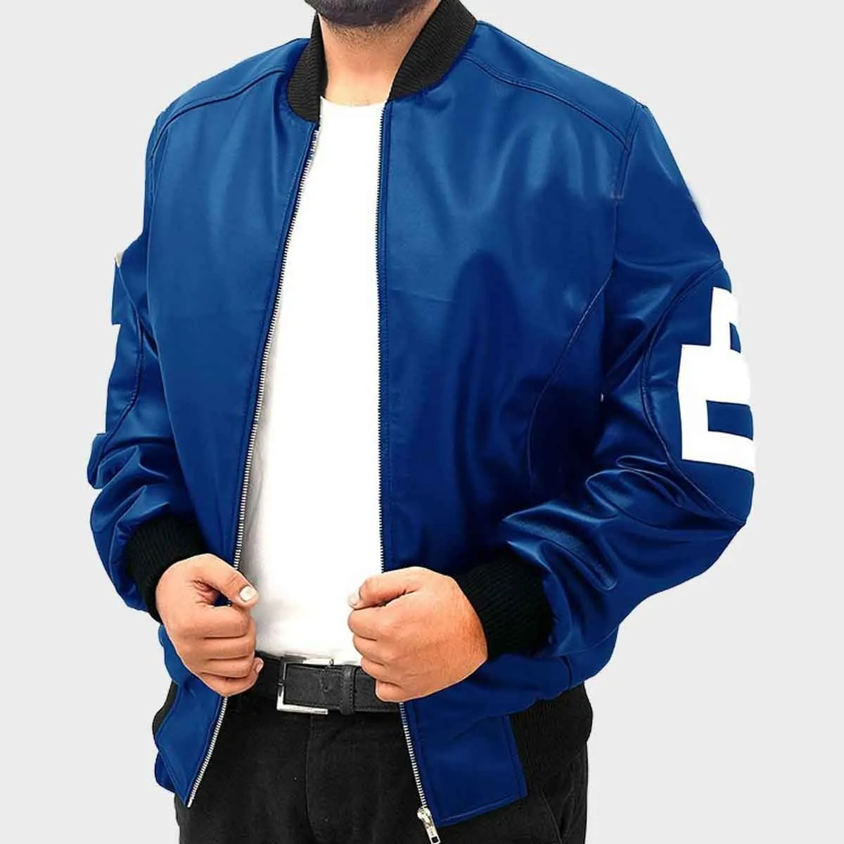 8 Ball Blue Leather Bomber Jacket for Men