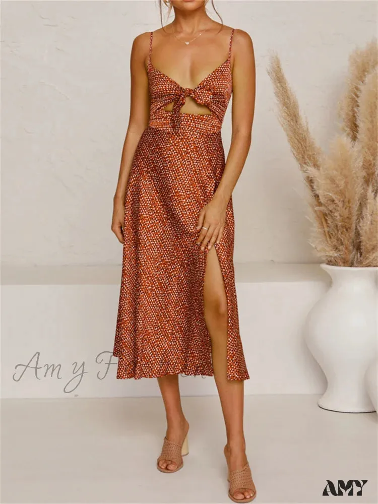 Amy Fashion - Dot Sling Knotted Sexy Hollow Dress