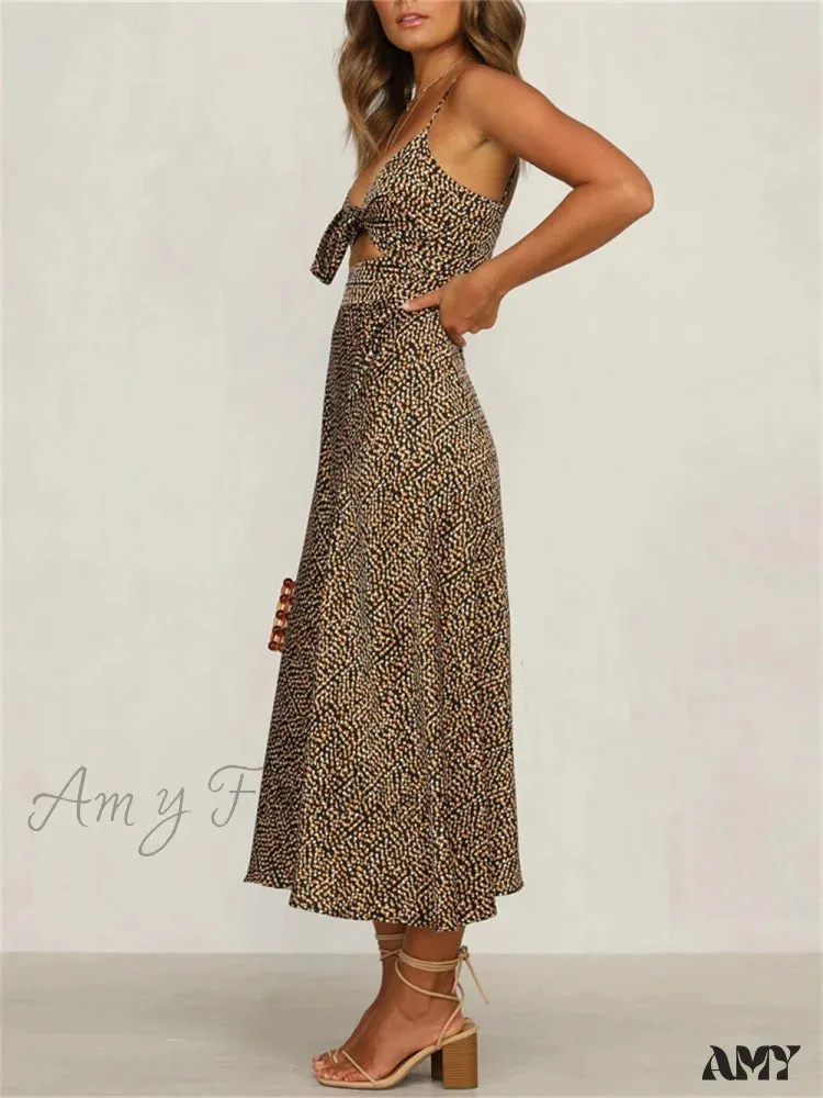 Amy Fashion - Dot Sling Knotted Sexy Hollow Dress