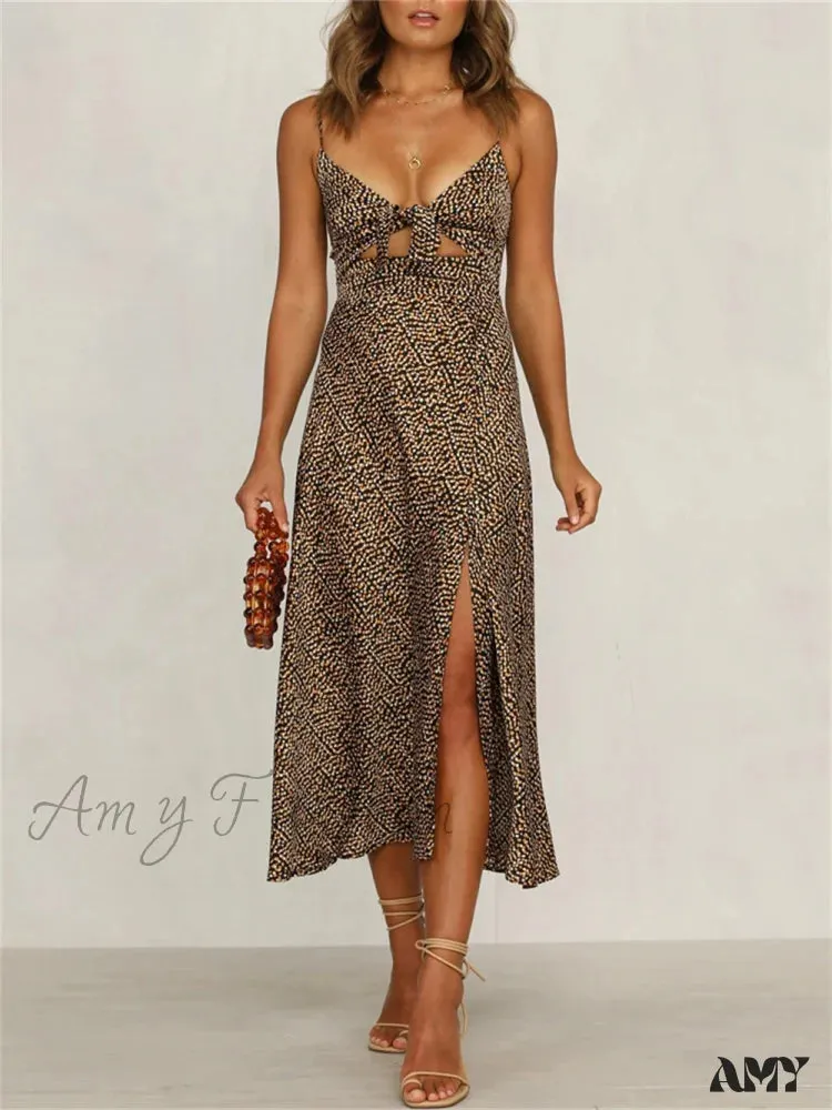 Amy Fashion - Dot Sling Knotted Sexy Hollow Dress