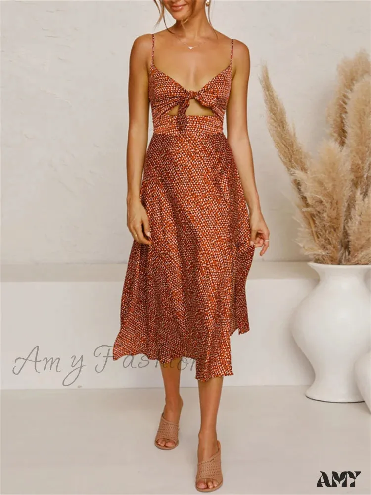 Amy Fashion - Dot Sling Knotted Sexy Hollow Dress