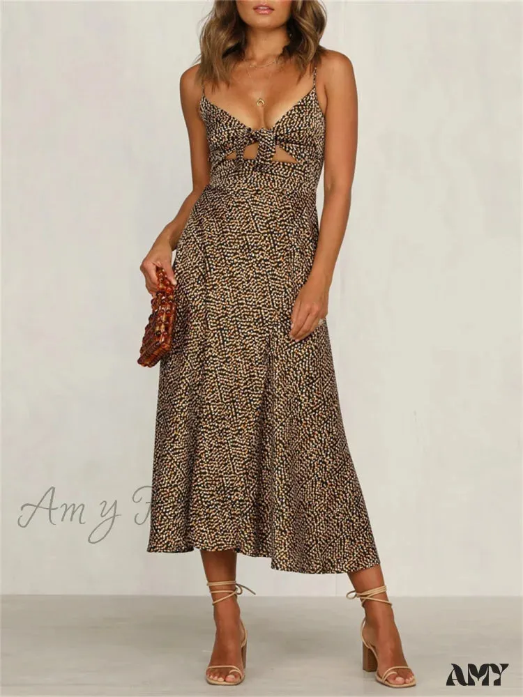 Amy Fashion - Dot Sling Knotted Sexy Hollow Dress