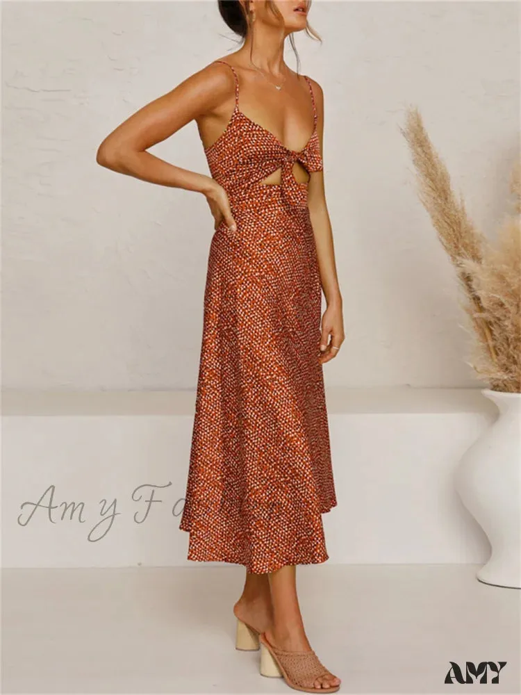 Amy Fashion - Dot Sling Knotted Sexy Hollow Dress