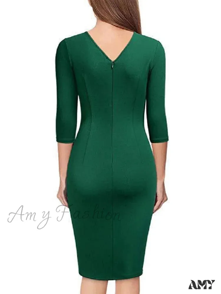 Amy Fashion - Elegant Office Formal Long Sleeves V-tie Belt Slim Dress