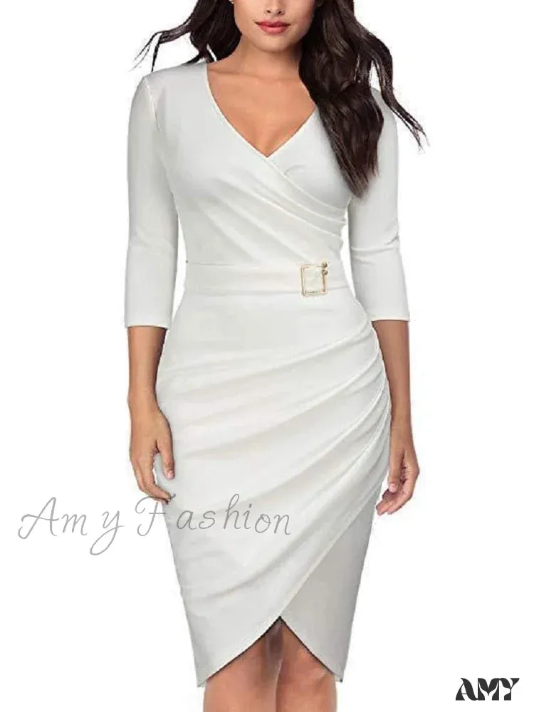 Amy Fashion - Elegant Office Formal Long Sleeves V-tie Belt Slim Dress