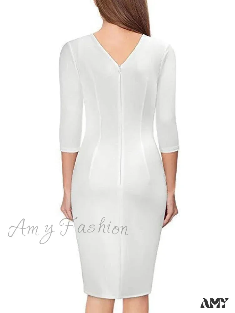 Amy Fashion - Elegant Office Formal Long Sleeves V-tie Belt Slim Dress