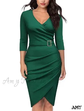 Amy Fashion - Elegant Office Formal Long Sleeves V-tie Belt Slim Dress