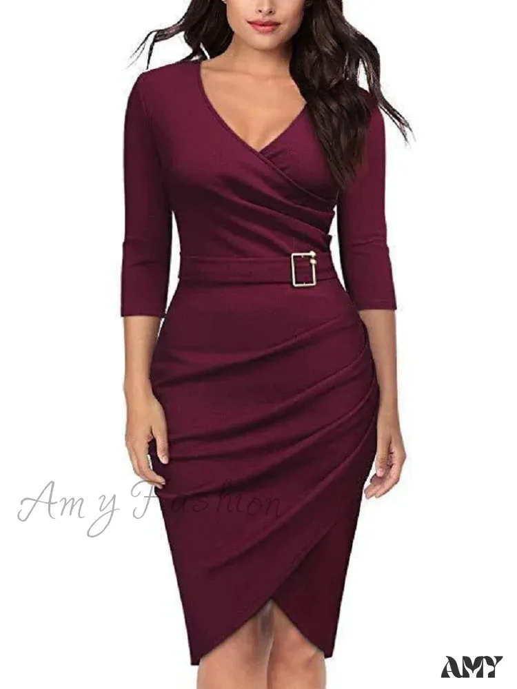 Amy Fashion - Elegant Office Formal Long Sleeves V-tie Belt Slim Dress