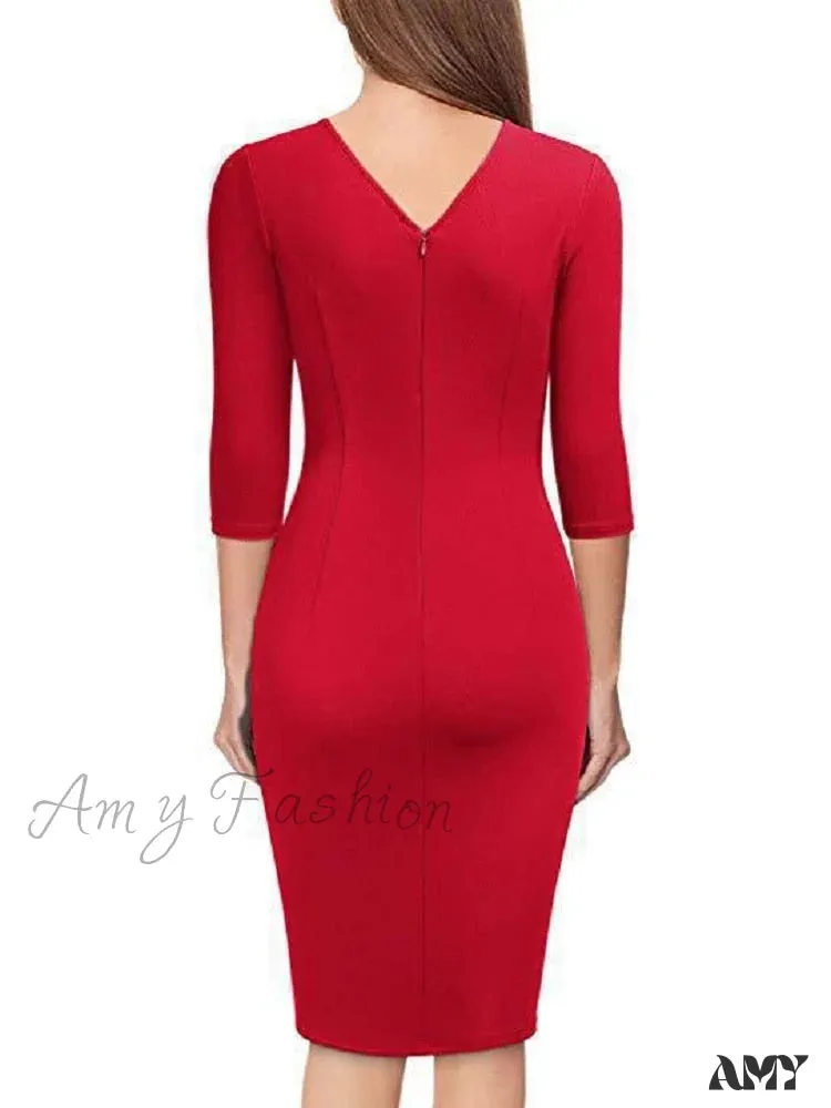 Amy Fashion - Elegant Office Formal Long Sleeves V-tie Belt Slim Dress