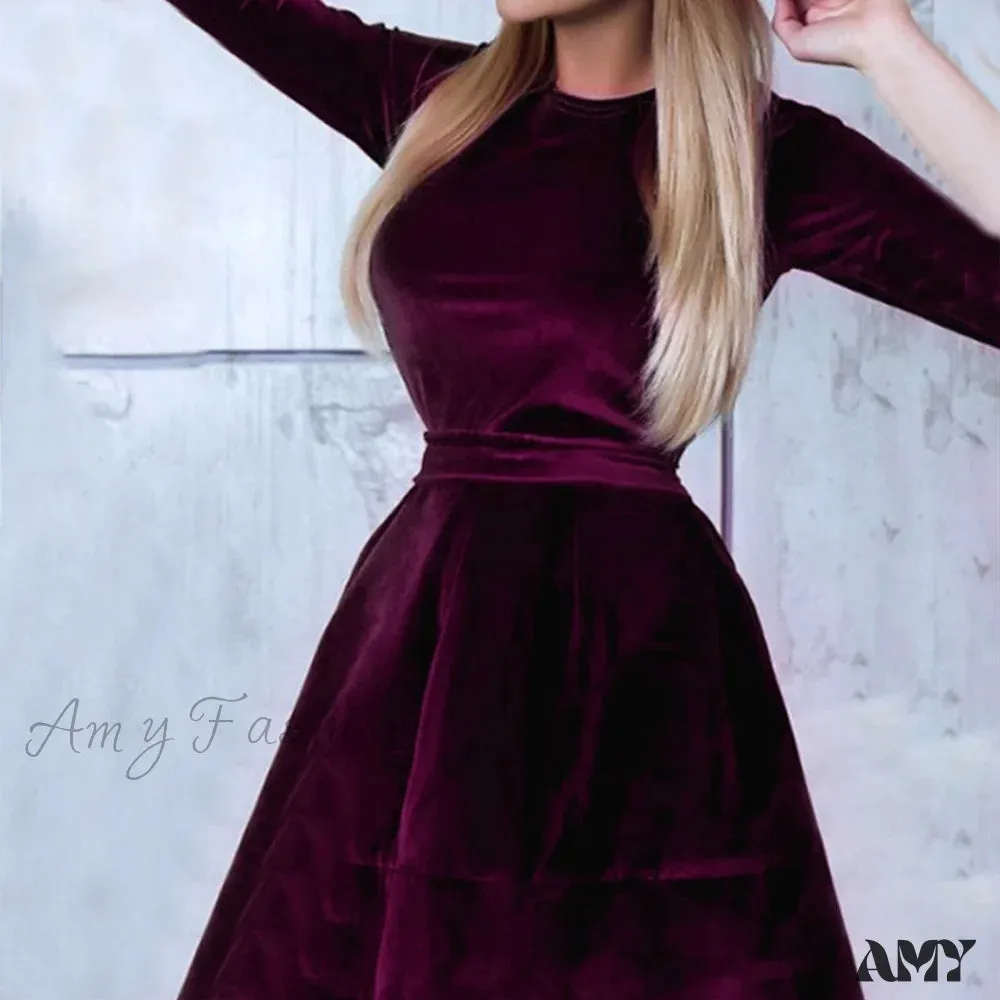 Amy Fashion - Long Sleeve Round Neck Waist Fashion Velvet Dress