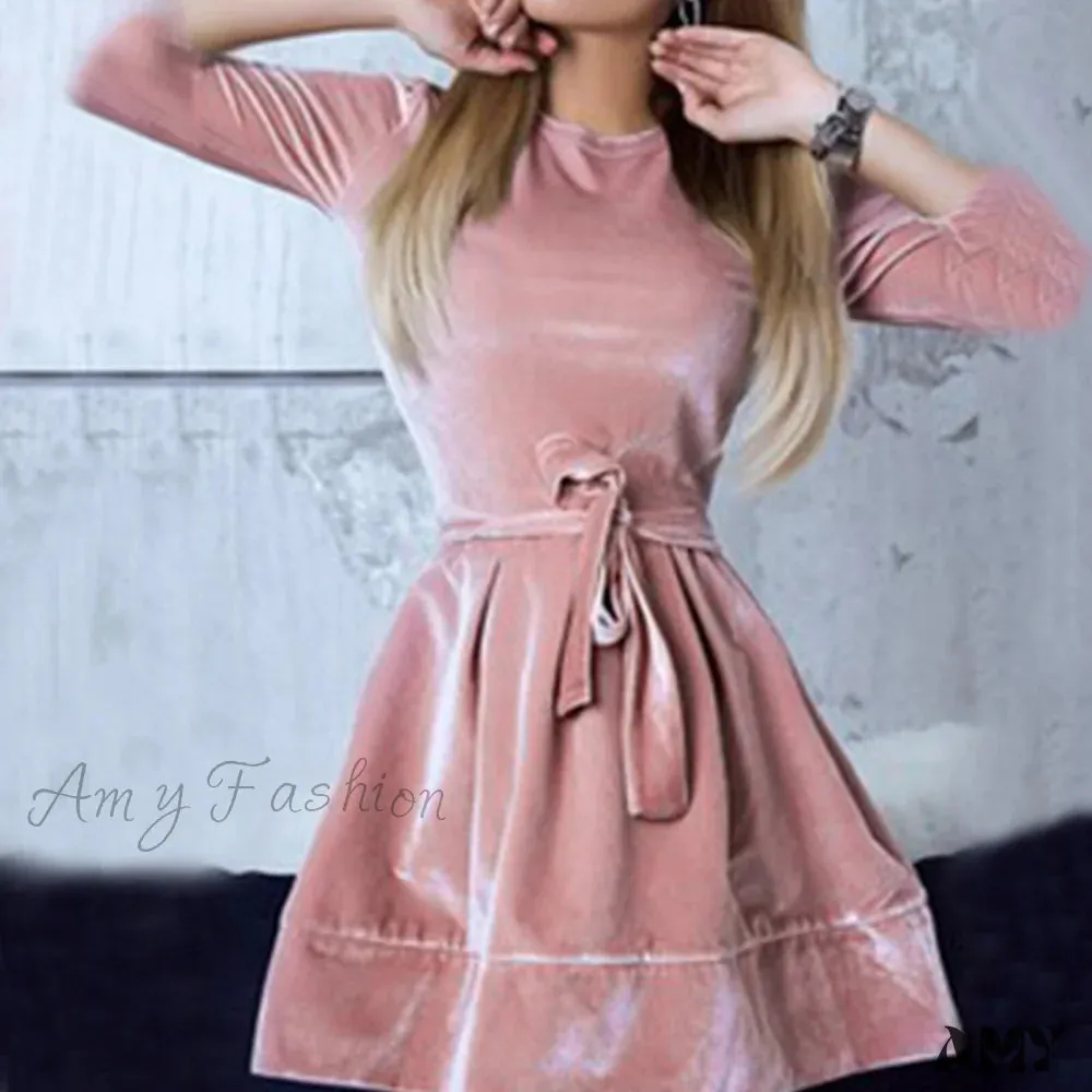 Amy Fashion - Long Sleeve Round Neck Waist Fashion Velvet Dress