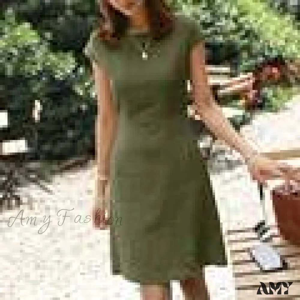 Amy Fashion - O-Neck Zipper Short Sleeve Loose Midi Dress