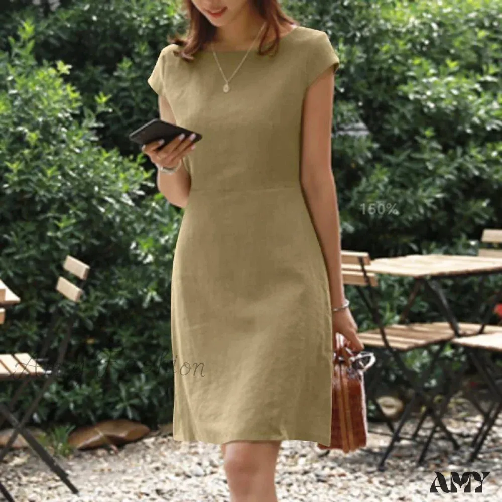 Amy Fashion - O-Neck Zipper Short Sleeve Loose Midi Dress