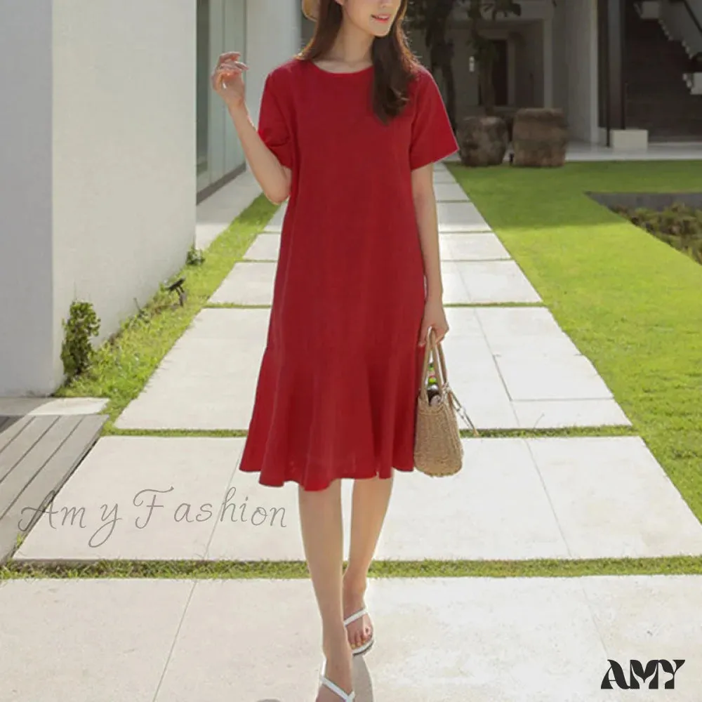 Amy Fashion - O-Neck Zipper Short Sleeve Loose Midi Dress