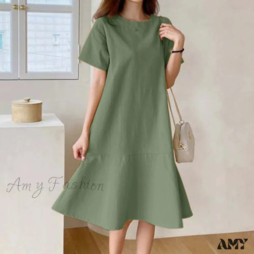 Amy Fashion - O-Neck Zipper Short Sleeve Loose Midi Dress