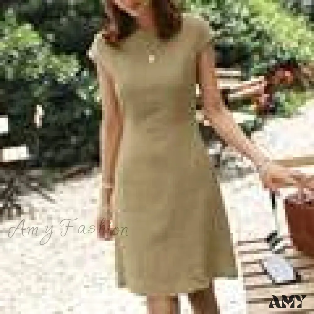 Amy Fashion - O-Neck Zipper Short Sleeve Loose Midi Dress