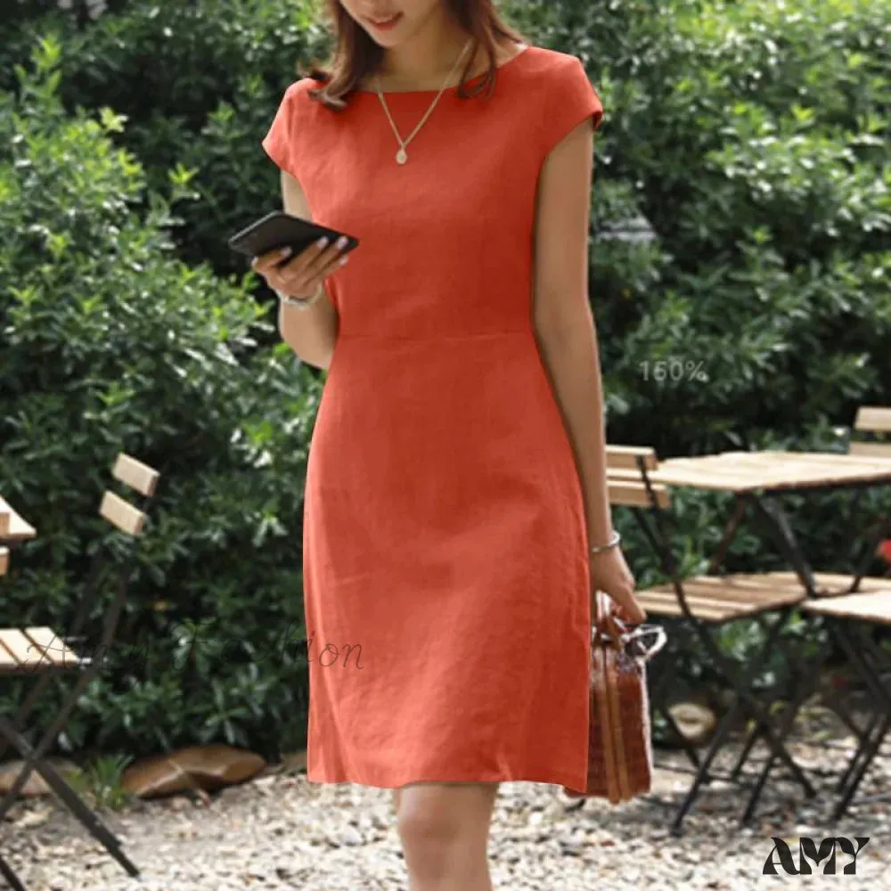 Amy Fashion - O-Neck Zipper Short Sleeve Loose Midi Dress