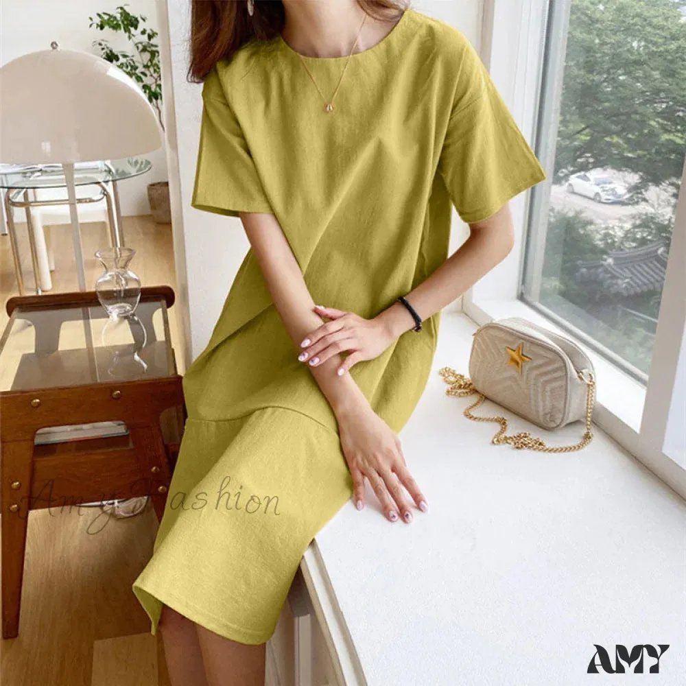 Amy Fashion - O-Neck Zipper Short Sleeve Loose Midi Dress