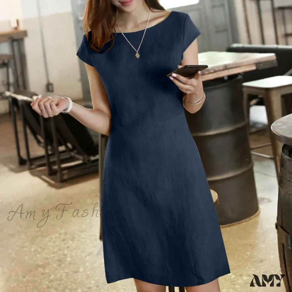 Amy Fashion - O-Neck Zipper Short Sleeve Loose Midi Dress