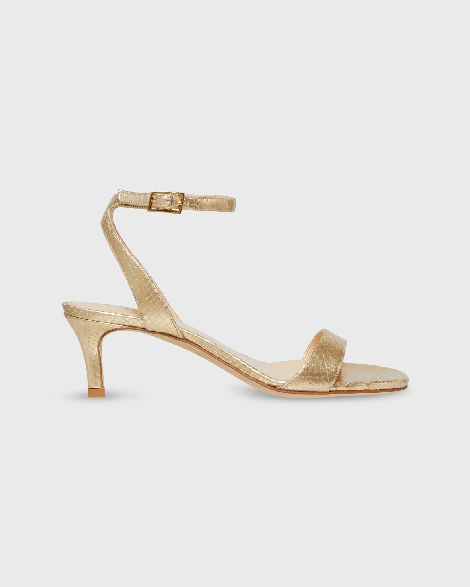 Ankle-Wrap Kitten Heel in Gold Python Embossed Leather