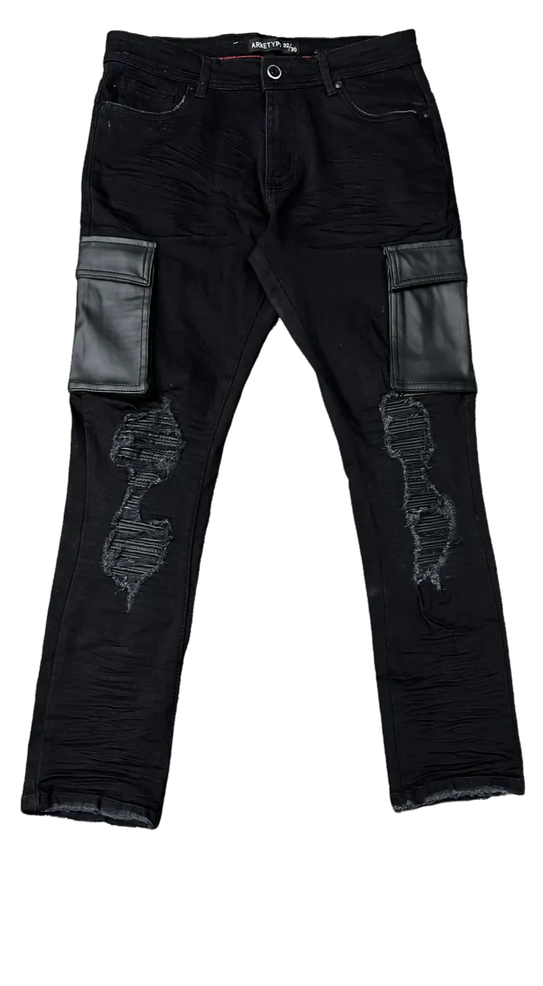 Arketype Men's Black Stretch Jeans Cargo Style Leather Pockets Skinny-Fit