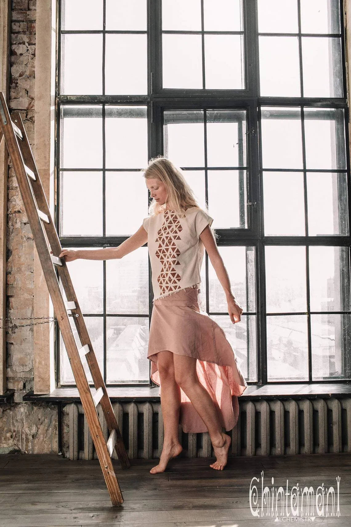 Asymmetric Raw Cotton Skirt with Navajo Pattern Stitches / Atua Tino / Dusty Pink