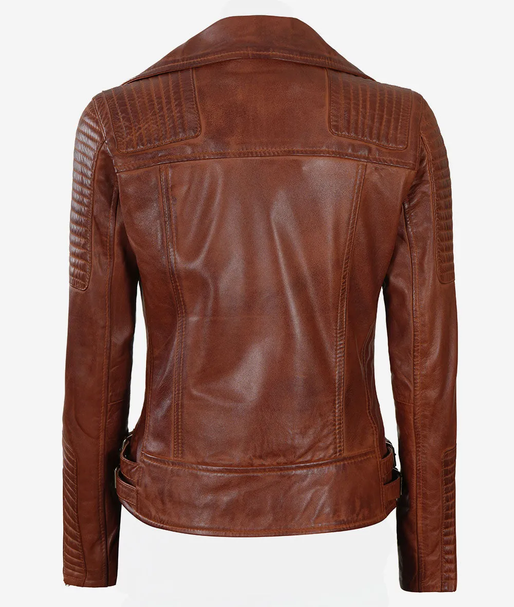 Asymmetrical Cognac Leather Motorcycle Jacket Womens