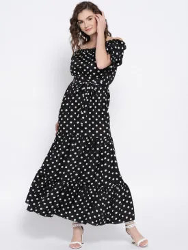 Berrylush Women Black & White Polka Dot Printed Off-Shoulder Waist Tie-Up Flounce Maxi Dress