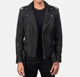 BIKER-1408 MUSH Genuine Distressed Black Leather Biker Jacket