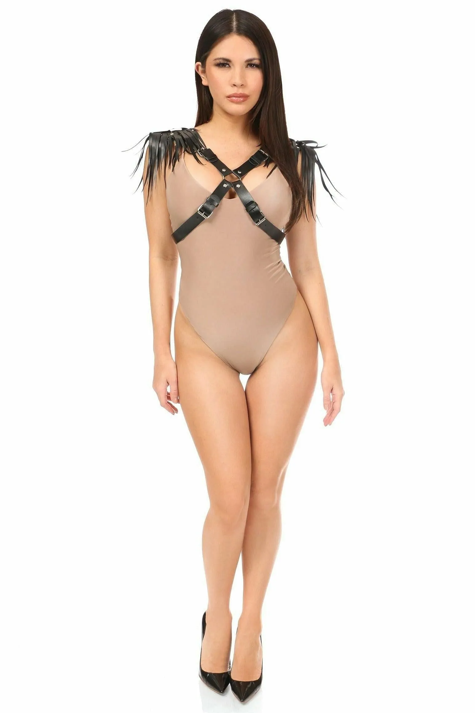 Black Vegan Leather Body Harness w/Shoulder Fringe