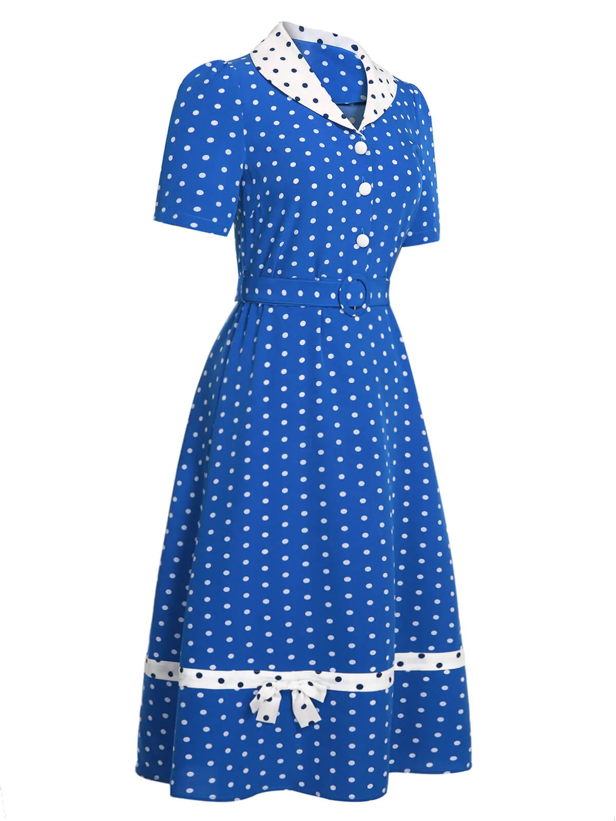 Blue & White 1940s Polka Dot Lapel Dress