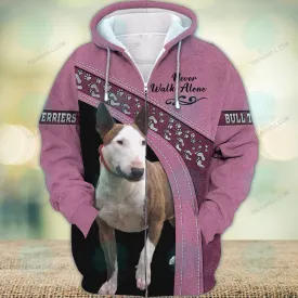 Bull Terriers Pink Love Never Walk Alone 3D Full Print Shirts, Dog Memorial Gifts for loss of Dog, Christmas Shirt for Dog Lovers