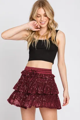 Burgundy Sequence Ruffle Skort