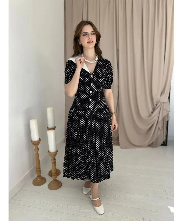 Collar Detailed Polka Dot Dress