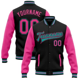 Custom Black Pink-Aqua Bomber Full-Snap Varsity Letterman Two Tone Jacket