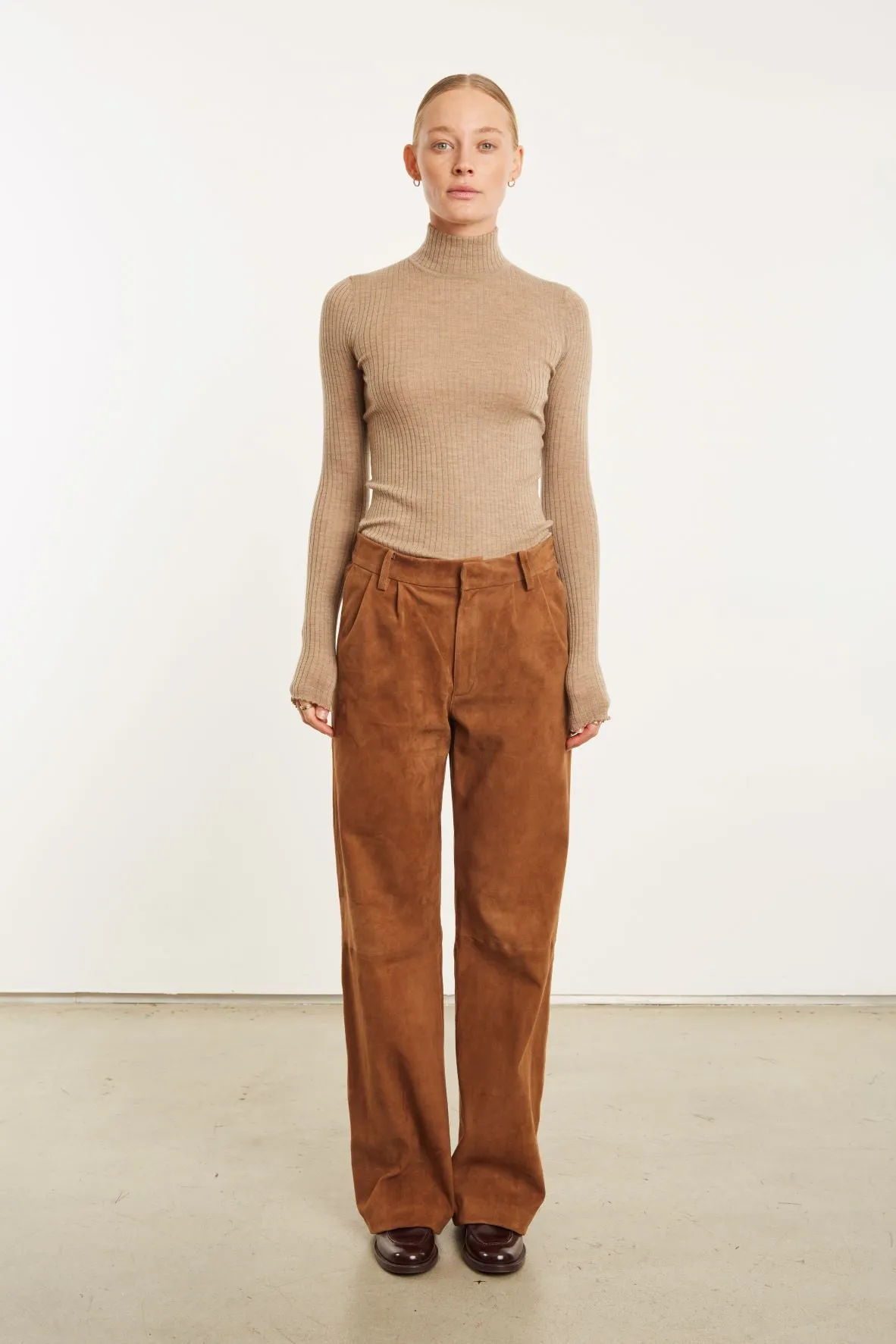 Dark Cognac Suede Straight Leg Trouser