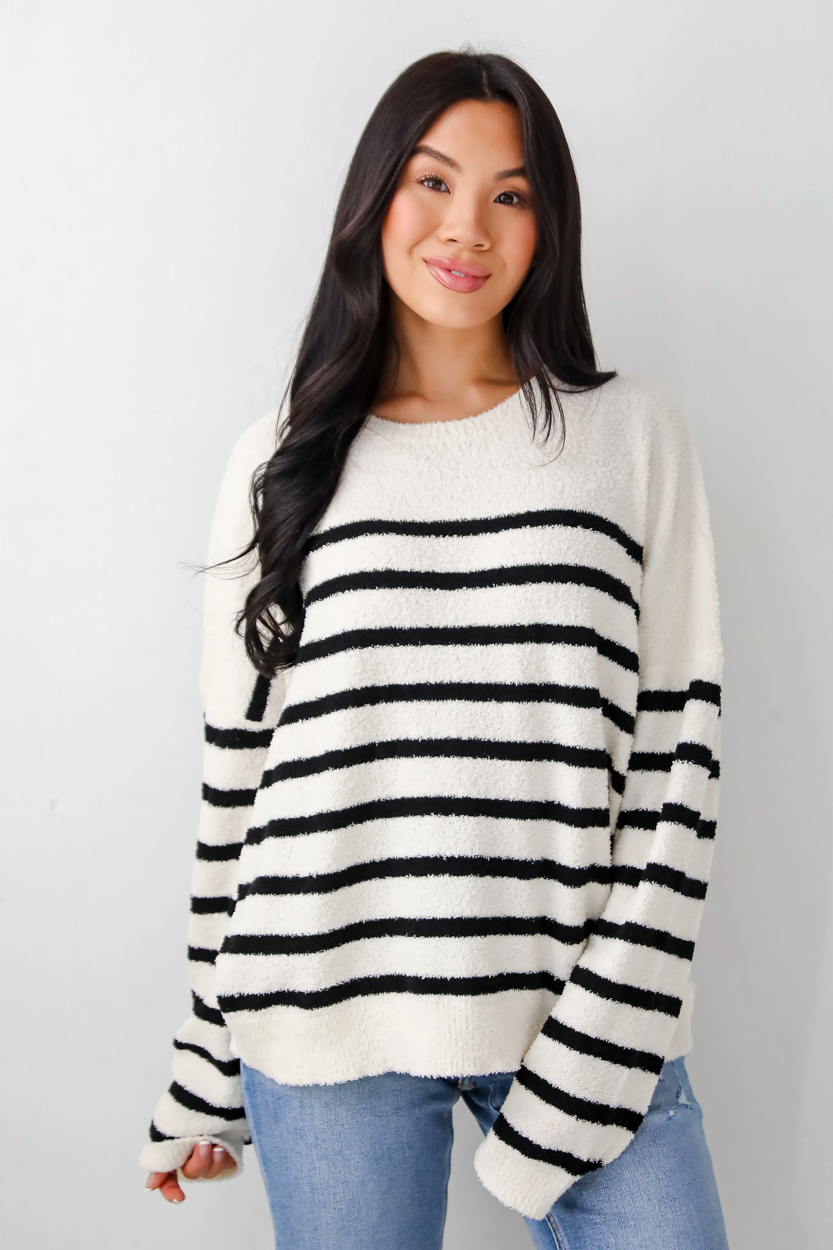 Delightful Weather Cream Striped Fuzzy Knit Sweater