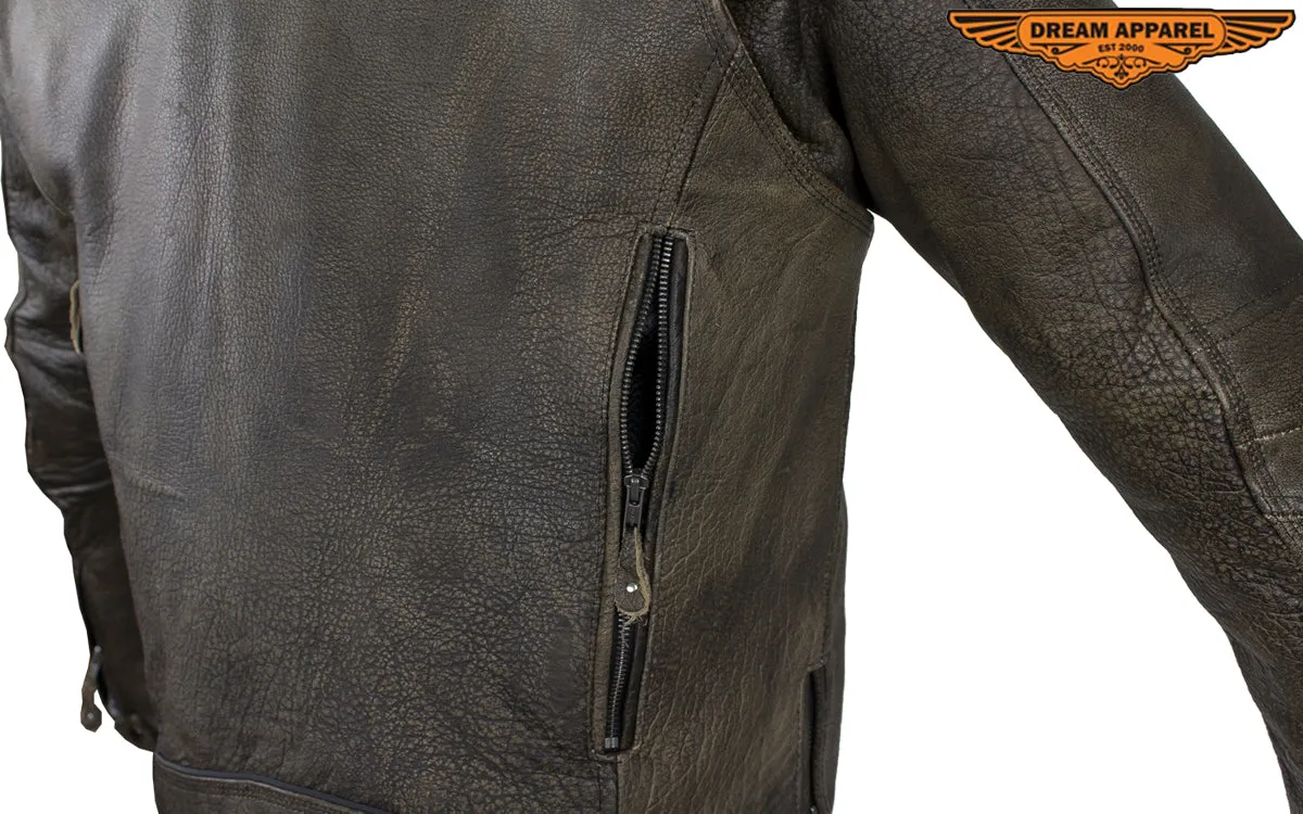 Distressed Brown Racer Jacket with Extra-Large Gun Pockets