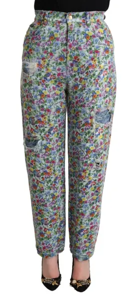 Dolce & Gabbana Blue Floral Print High Waist Denim Tapered Jeans