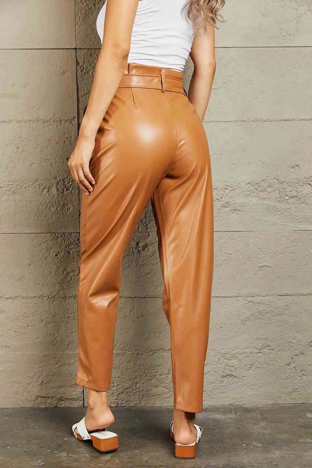 Full Size Faux Leather Paperbag Waist Pants - Luxurious Comfort