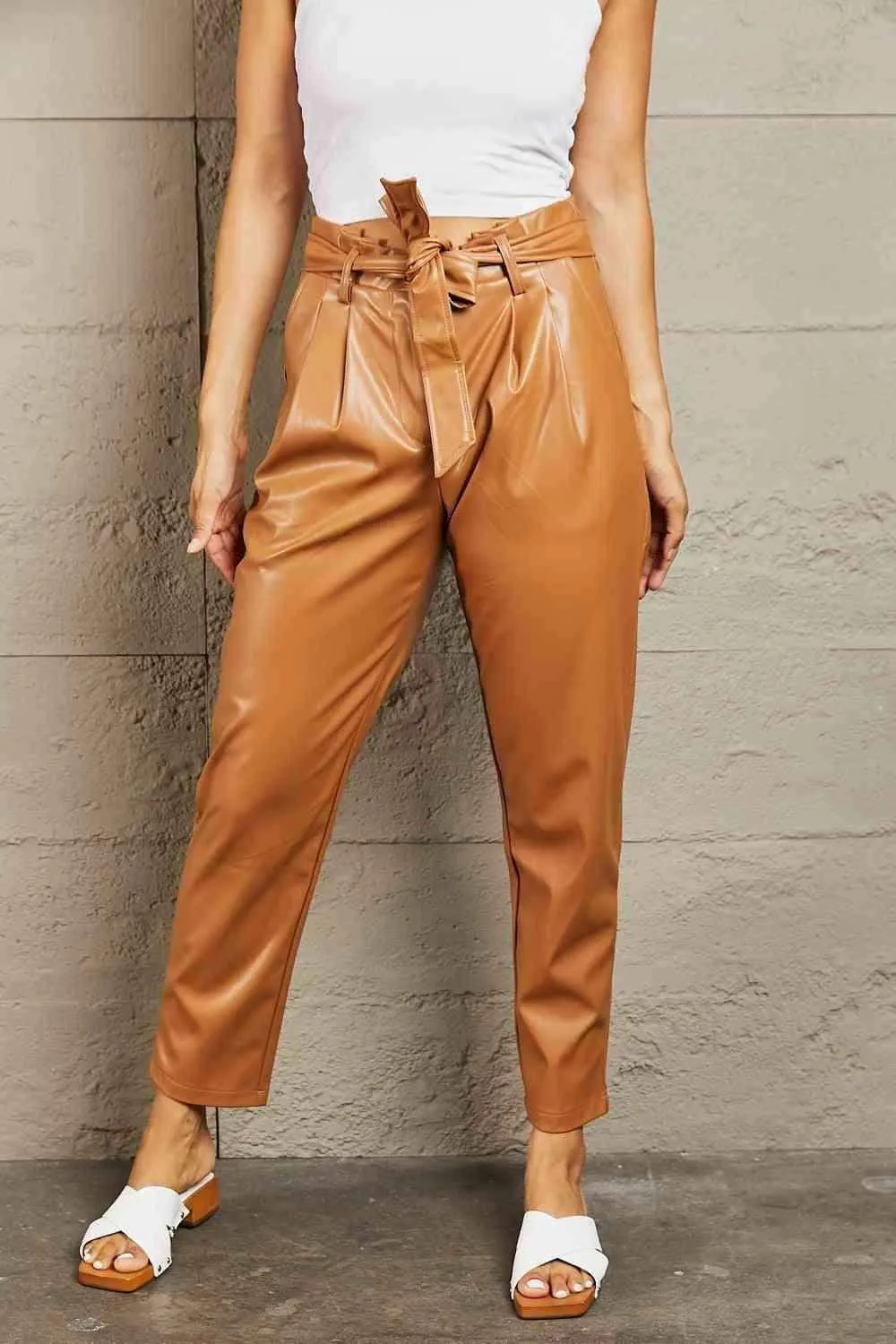 Full Size Faux Leather Paperbag Waist Pants - Luxurious Comfort