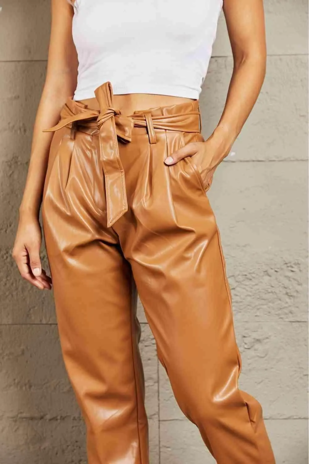 Full Size Faux Leather Paperbag Waist Pants - Luxurious Comfort