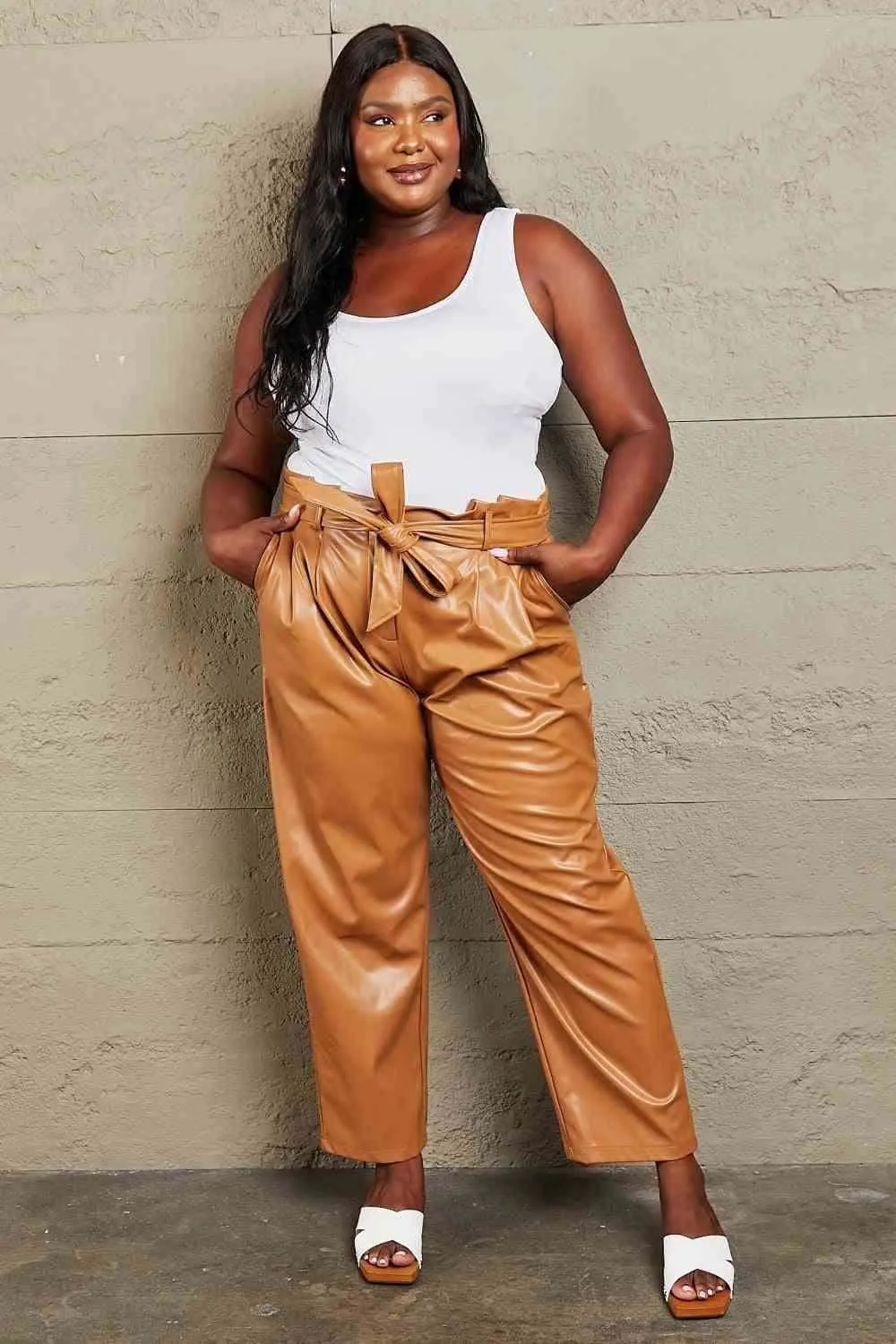 Full Size Faux Leather Paperbag Waist Pants - Luxurious Comfort