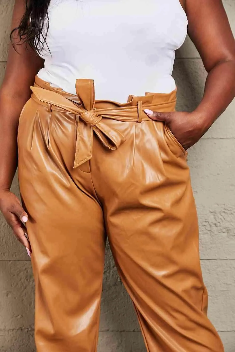 Full Size Faux Leather Paperbag Waist Pants - Luxurious Comfort