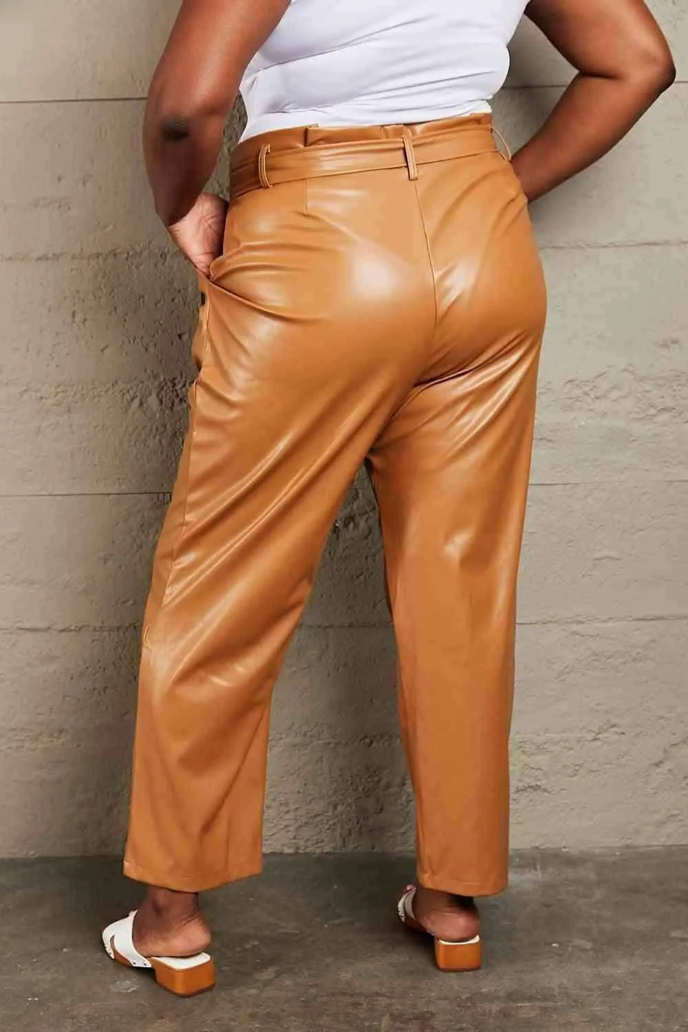 Full Size Faux Leather Paperbag Waist Pants - Luxurious Comfort