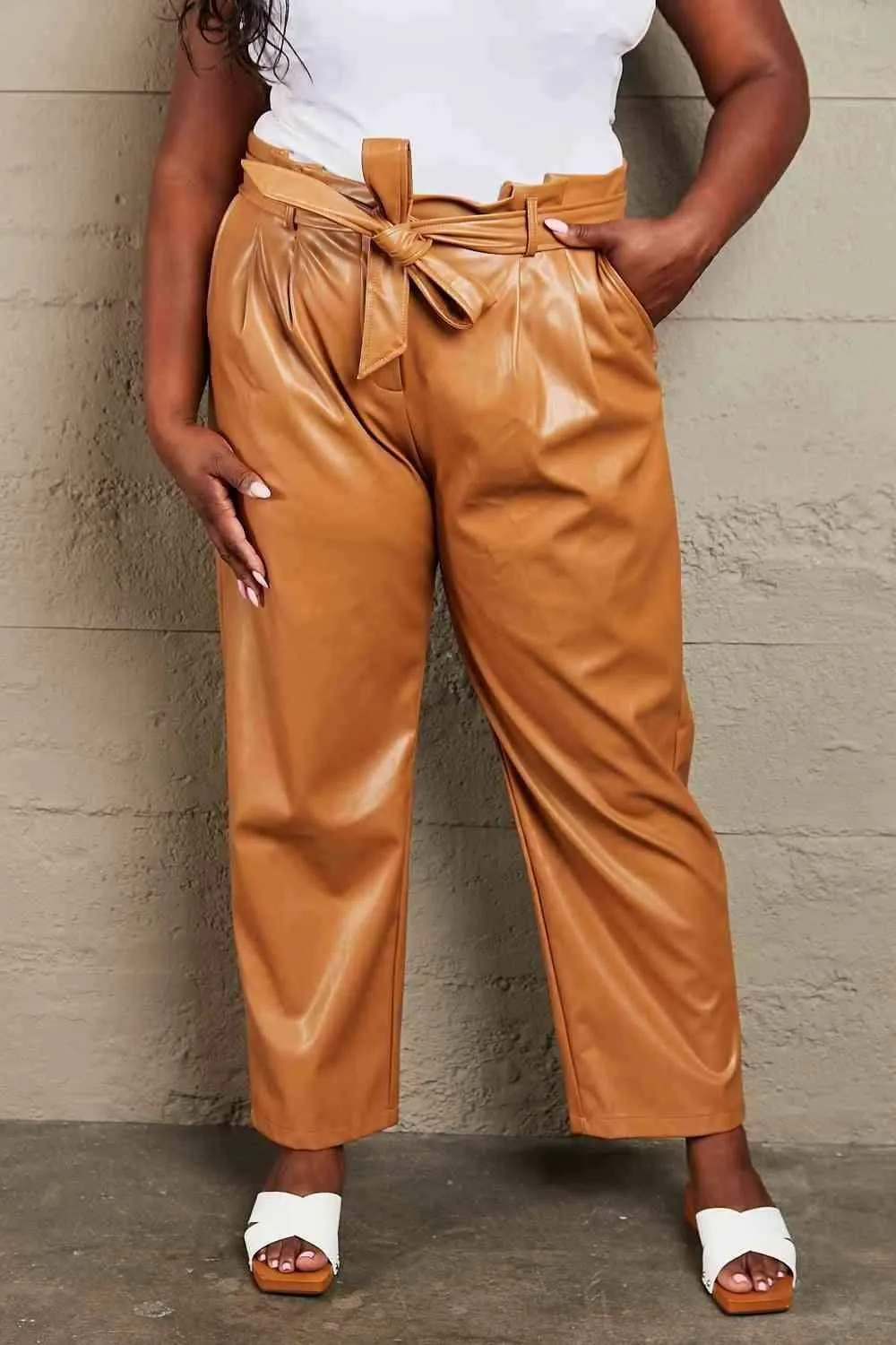 Full Size Faux Leather Paperbag Waist Pants - Luxurious Comfort