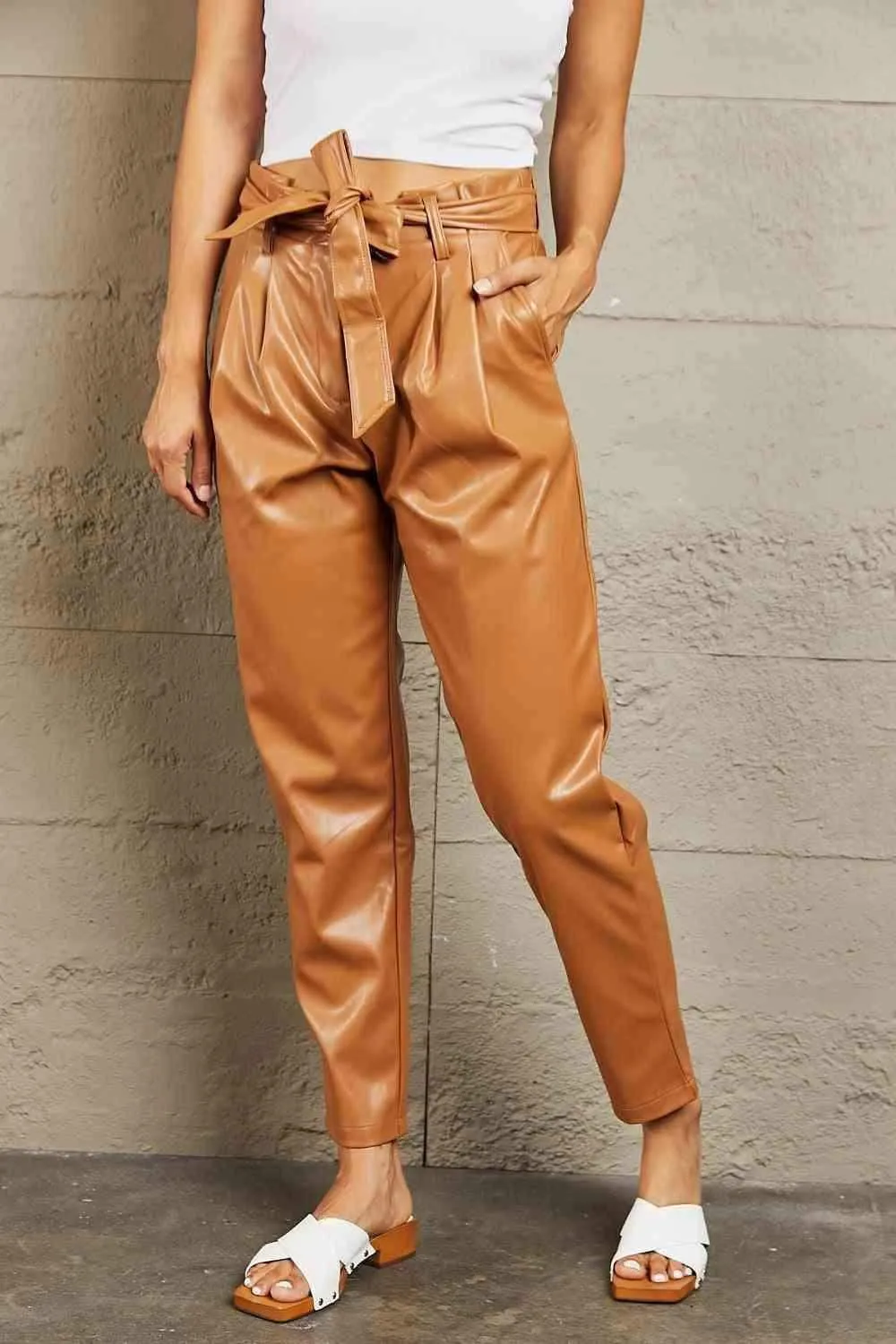 Full Size Faux Leather Paperbag Waist Pants - Luxurious Comfort