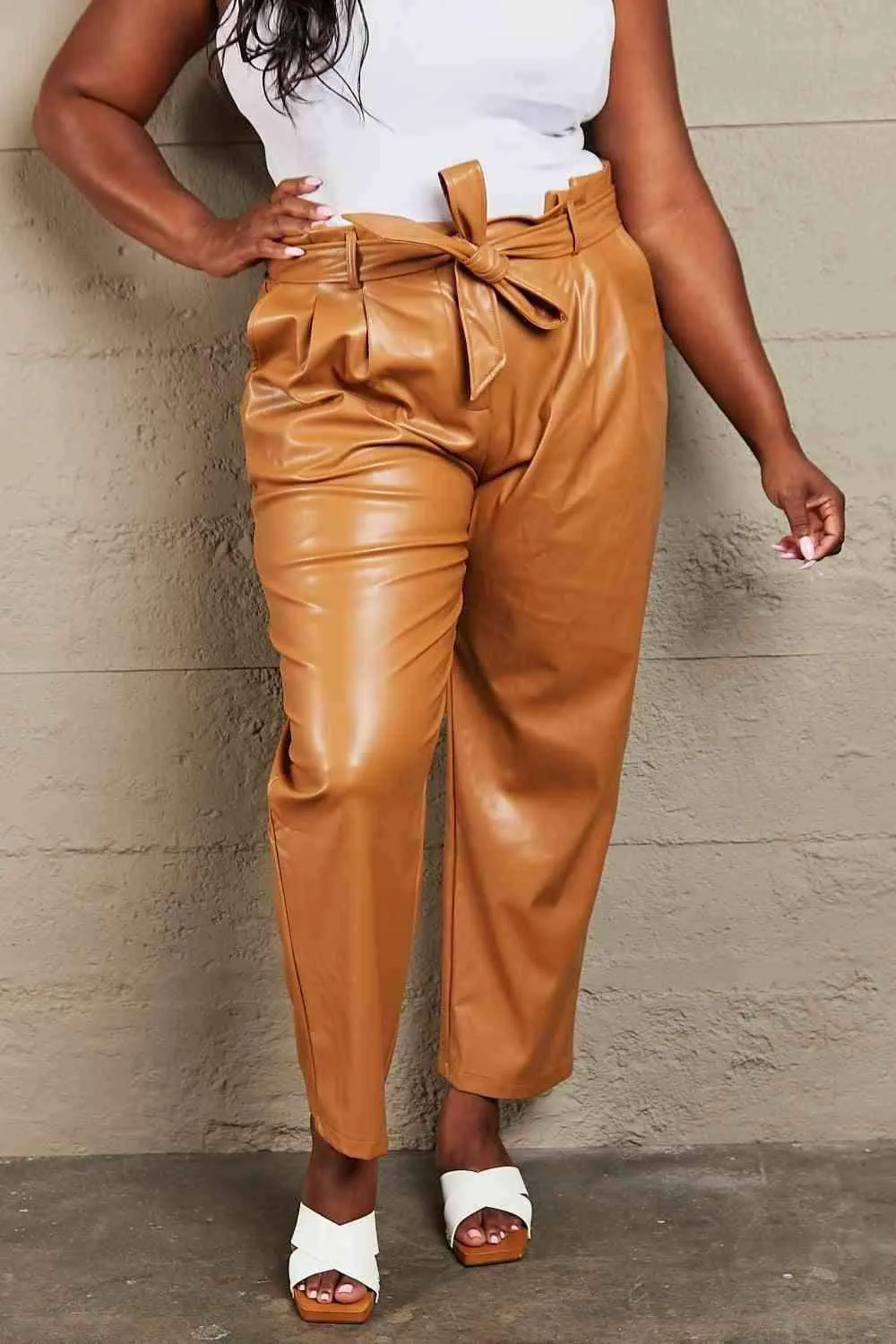 Full Size Faux Leather Paperbag Waist Pants - Luxurious Comfort