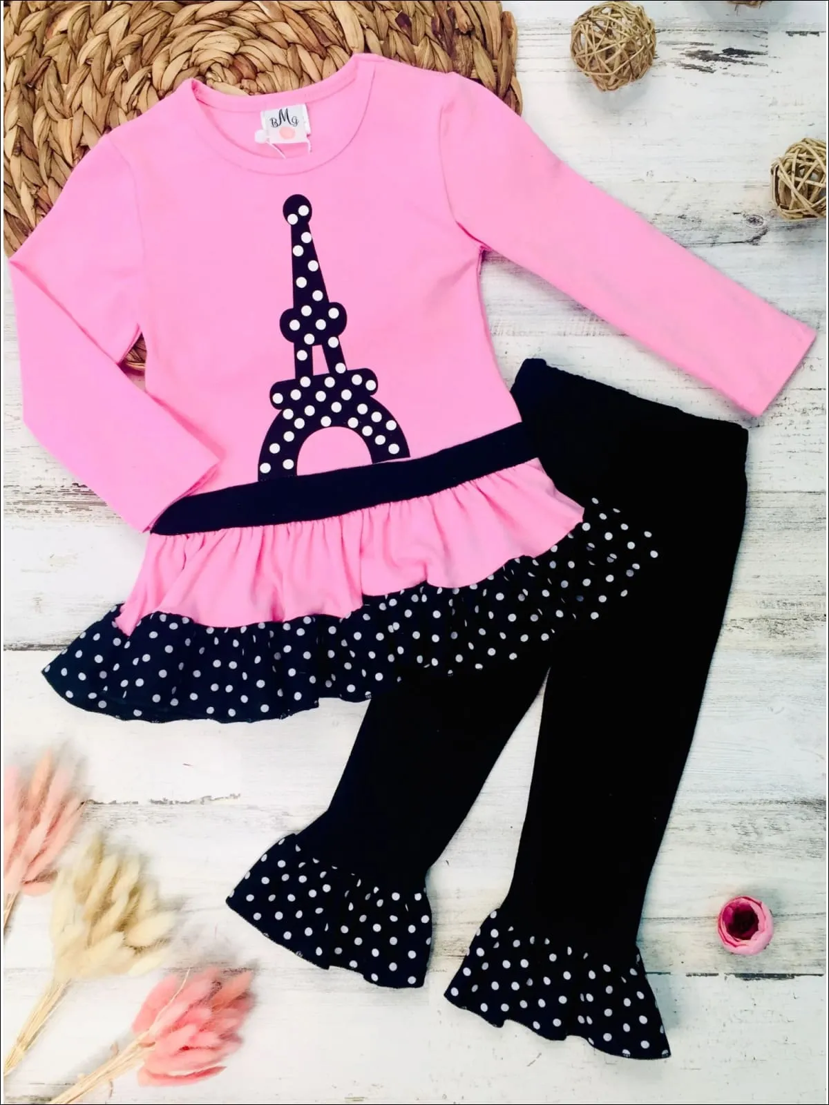 Girls Polka Dot Eiffel Tower Print Long Sleeve Peplum Bow Tunic And Ruffled Legging Set