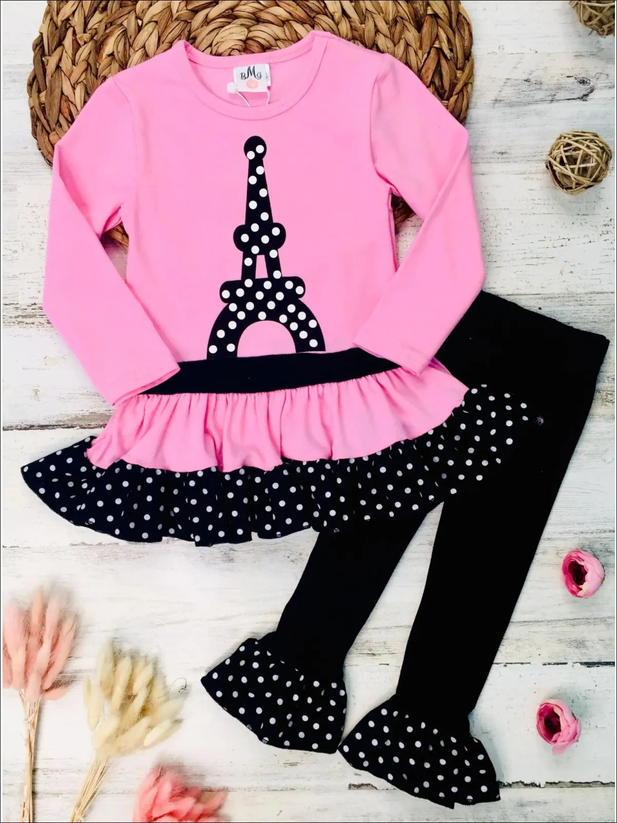 Girls Polka Dot Eiffel Tower Print Long Sleeve Peplum Bow Tunic And Ruffled Legging Set